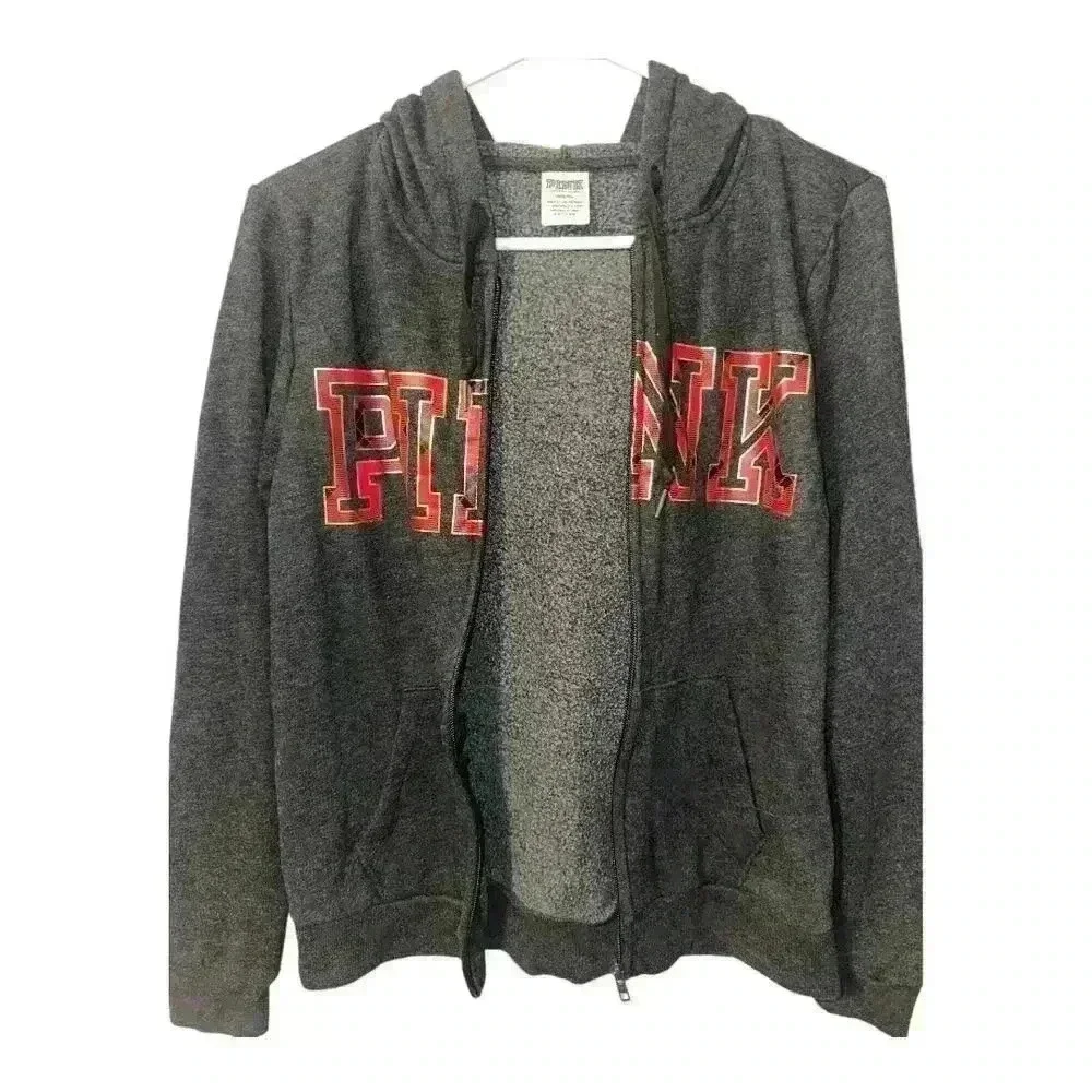 PINK Gray/Red Logo Full Zip Hoodie, Medium - Picture 4 of 6